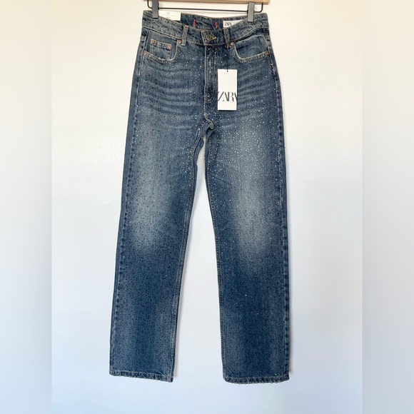 ZARA SS24 STRAIGHT CUT MID RISE RHINESTONE JEANS ZW COLLECTION 4877/047 018/273 - Picture 2 of 16